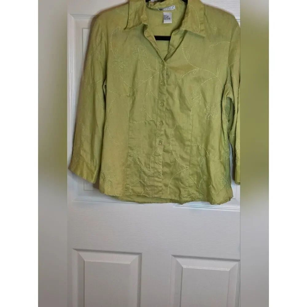 Vtg Carole Little L Lime Green 100%LINEN 3/4Slv Embroidery ButtonsUp Women Shirt